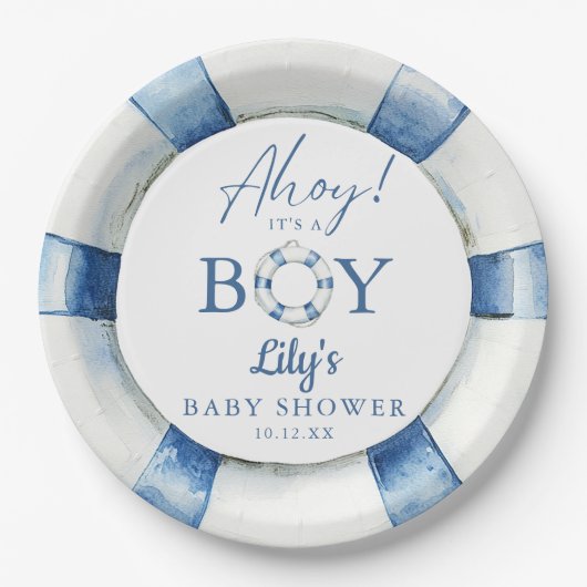 Ahoy is een reddingsboei nautisch Baby shower Papieren Bordje (Voorkant)