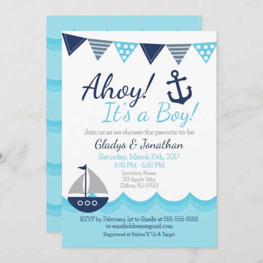 Ahoy! It’s a Boy Nautical Sailor Baby Shower Invit Kaart (Voorkant / Achterkant)