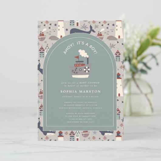 Ahoy It's a Boy Nautical Blue Baby Shower  Kaart (Staand voorkant)