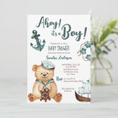 Ahoy it's a boy teddy bear nautical baby shower kaart (Staand voorkant)