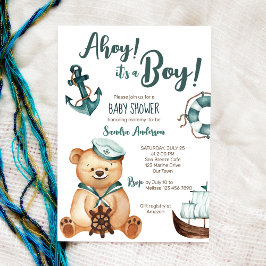 Ahoy it's a boy teddy bear nautical baby shower kaart