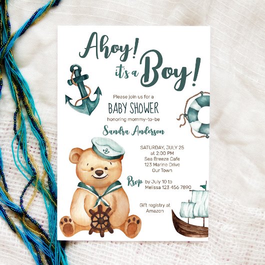 Ahoy it's a boy teddy bear nautical baby shower kaart