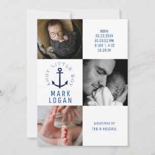 Ahoy kleine jongen fotocollage anker blauw geboort aankondiging