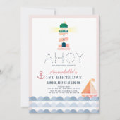 Ahoy Lighthouse Nautisch Roze Meisje 1e verjaardag Kaart (Voorkant)