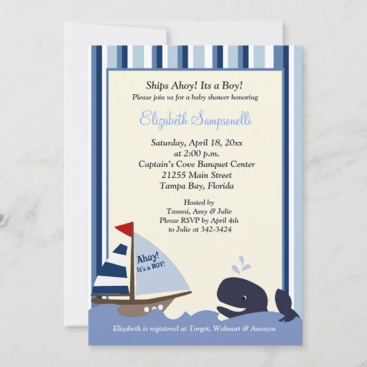 Ahoy Mate Blue Stripe Whale Baby shower 5x7 Kaart (Voorkant)
