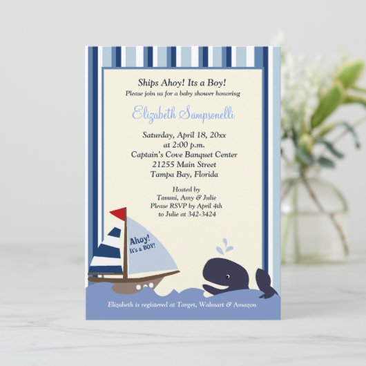 Ahoy Mate Blue Stripe Whale Baby shower 5x7 Kaart (Staand voorkant)