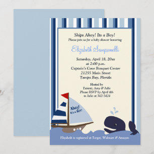 Ahoy Mate Blue Stripe Whale Baby shower 5x7 Kaart