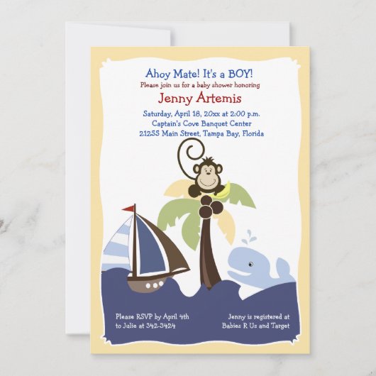 Ahoy Mate Whale, Sailboat & Monkey Invitation 5x7 Kaart (Voorkant)