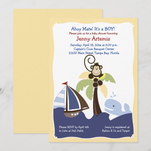 Ahoy Mate Whale, Sailboat & Monkey Invitation 5x7 Kaart (Voorkant / Achterkant)