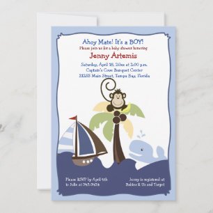 Ahoy Mate Whale, Sailboat & Monkey Invitation 5x7 Kaart