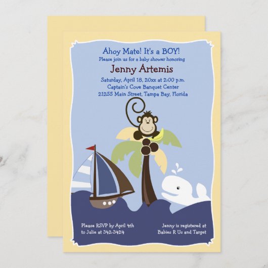 Ahoy Mate Whale, Sailboat & Monkey Invitation 5x7 Kaart (Voorkant / Achterkant)