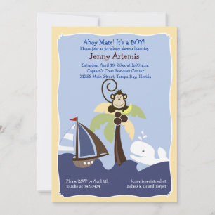 Ahoy Mate Whale, Sailboat & Monkey Invitation 5x7 Kaart