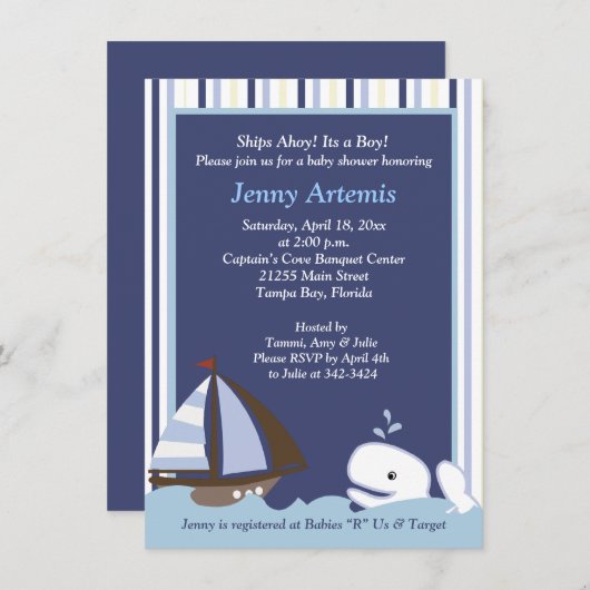 Ahoy Mate White Whale 4x6 Baby shower Uitnodigen Kaart (Voorkant / Achterkant)