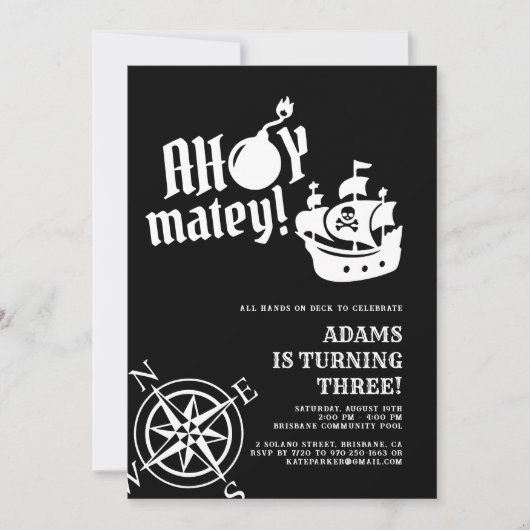 Ahoy Matey! Black Pirate Ship Compass Verjaardag Kaart (Voorkant)