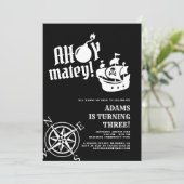 Ahoy Matey! Black Pirate Ship Compass Verjaardag Kaart (Staand voorkant)