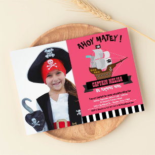 Ahoy Matey. Boat Pink Pirate Birthday Foto Kaart