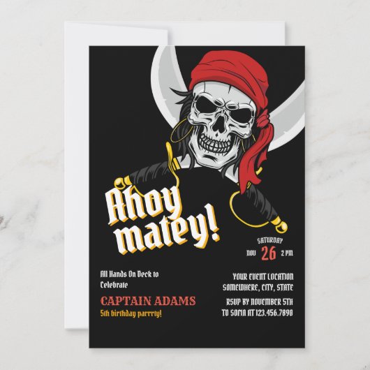 Ahoy Matey! Dark Pirates Skull Mascot Verjaardag Kaart (Voorkant)