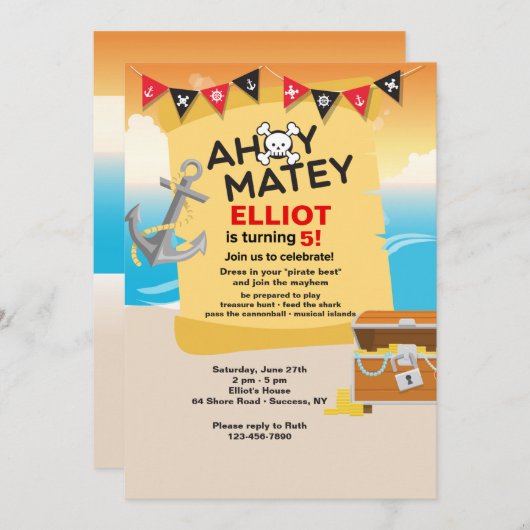 Ahoy Matey Pirate Invitation Kaart (Voorkant / Achterkant)