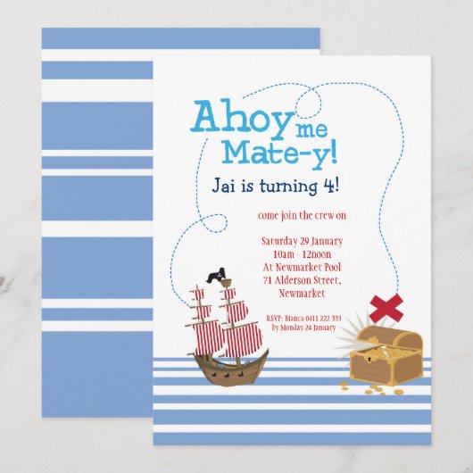 Ahoy Matey Pirate Invitation Kaart (Voorkant / Achterkant)