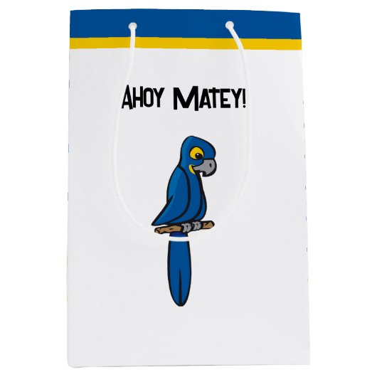 Ahoy Matey Pirate Parrot Cartoon, Funny Macaw Bird Medium Cadeauzakje (Voorkant)
