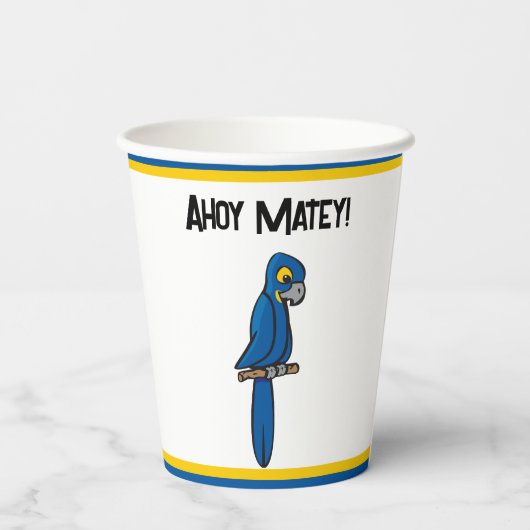 Ahoy Matey Pirate Parrot Cartoon, Funny Macaw Bird Papieren Bekers (Achterkant)