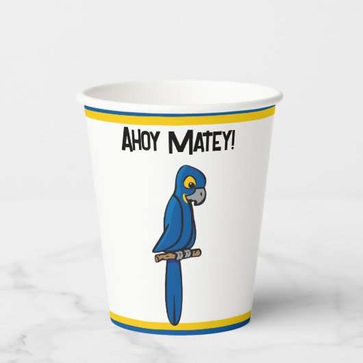 Ahoy Matey Pirate Parrot Cartoon, Funny Macaw Bird Papieren Bekers (Voorkant)