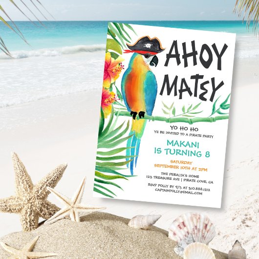 Ahoy Matey Pirate Parrot Tropical Birthday Kaart