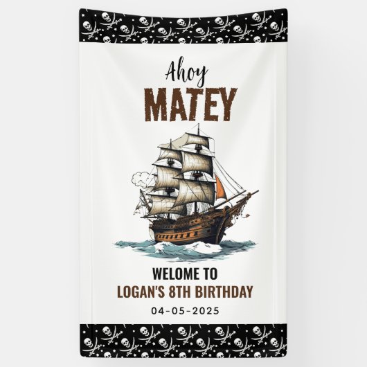 Ahoy Matey Pirate Party-schip 8e verjaardag Spandoek (Verticaal)
