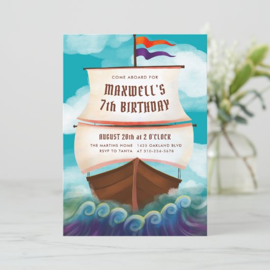 Ahoy Matey Pirate Ship Birthday Party Kaart (Staand voorkant)