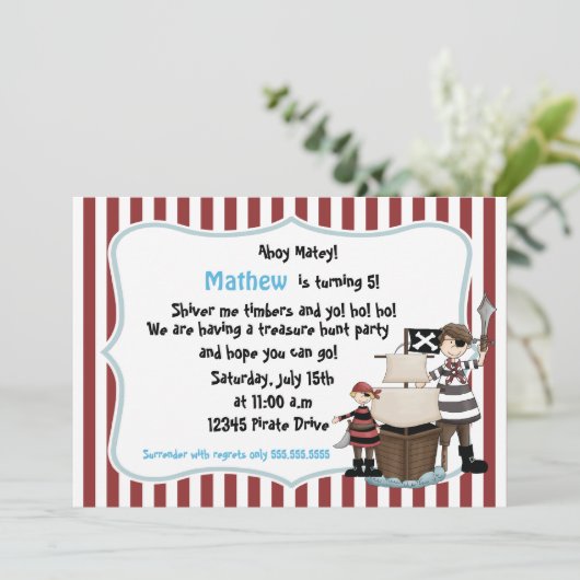 Ahoy Matey - Pirate verjaardagsfeest uitnodiging r (Staand voorkant)