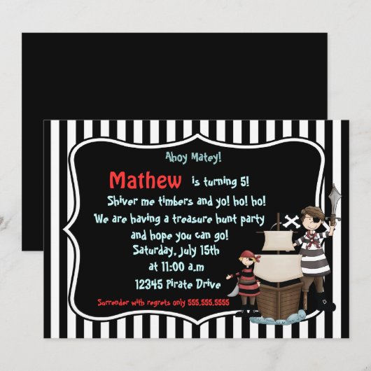 Ahoy Matey - Pirate verjaardagsfeestje, uitnodigin Kaart (Voorkant / Achterkant)