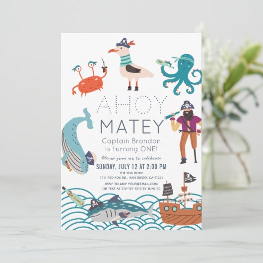 Ahoy Matey Pirate Zee Animals 1e verjaardag Kaart (Staand voorkant)