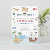 Ahoy Matey! Piratenschip Treasure Boy Verjaardag Kaart (Staand voorkant)