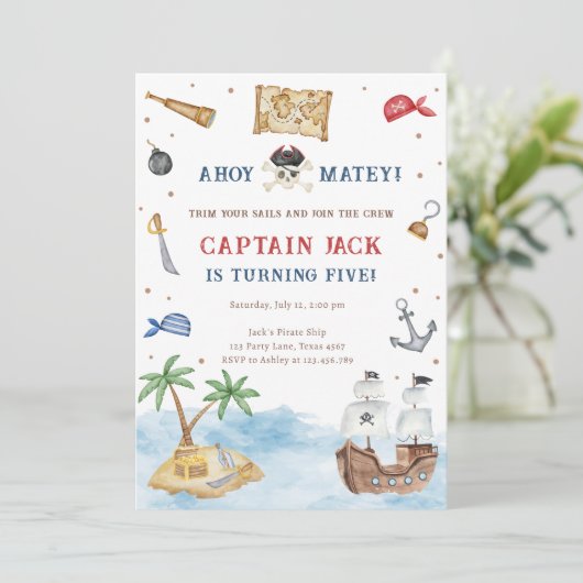 Ahoy Matey! Piratenschip Treasure Boy Verjaardag Kaart (Staand voorkant)