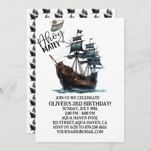 Ahoy Matey! Verjaardag Black Pirate Ship Kaart (Voorkant / Achterkant)