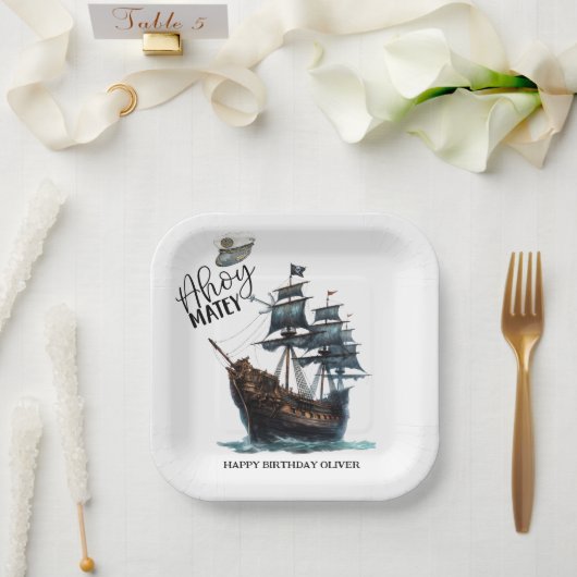 Ahoy Matey! Verjaardag Black Pirate Ship Papieren Bordje (Huwelijk)
