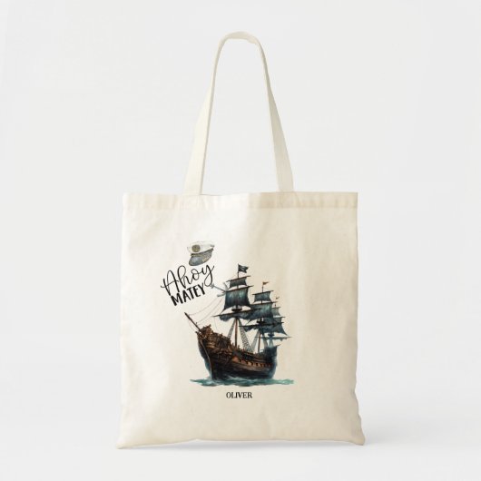 Ahoy Matey! Verjaardag Black Pirate Ship Tote Bag (Voorkant)