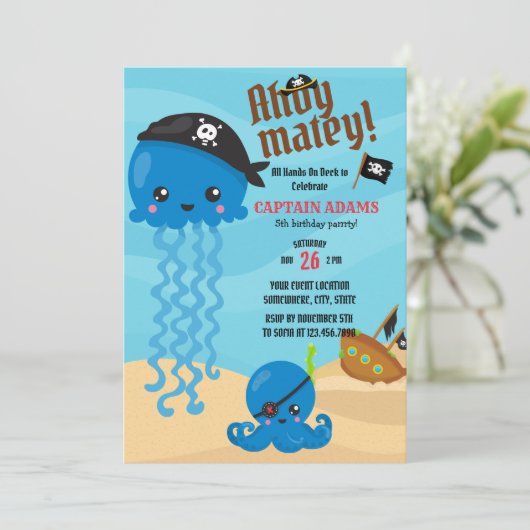 Ahoy Matey! Verjaardag Octopus Pirates Boys Kaart (Staand voorkant)