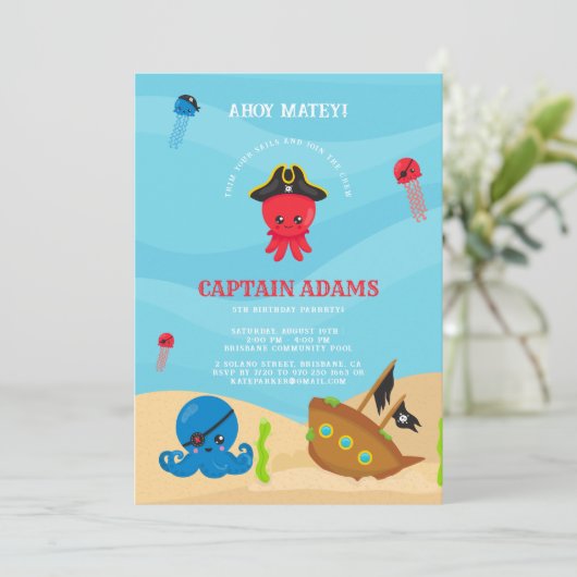 Ahoy Matey! Verjaardag Octopus Pirates Boys Kaart (Staand voorkant)