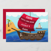 Ahoy Mateys Pirate Ship Kids Birthday Uitnodiging (Voorkant / Achterkant)