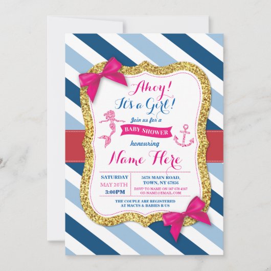 Ahoy Mermaid Baby shower Pink Bow Invite Kaart (Voorkant)