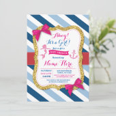 Ahoy Mermaid Baby shower Pink Bow Invite Kaart (Staand voorkant)