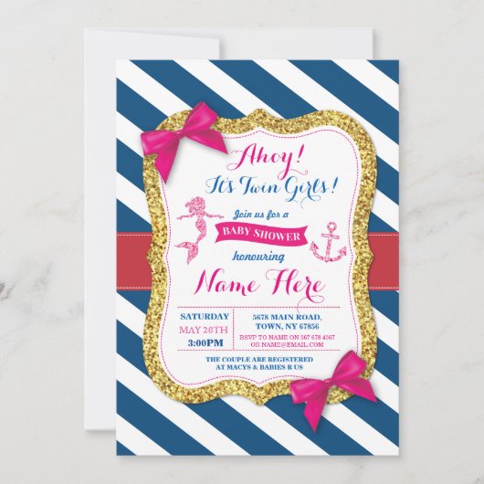 Ahoy Mermaid Baby shower Pink Navy Invite Kaart (Voorkant)