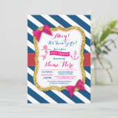 Ahoy Mermaid Baby shower Pink Navy Invite Kaart (Staand voorkant)