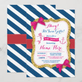 Ahoy Mermaid Baby shower Pink Navy Invite Kaart (Voorkant / Achterkant)