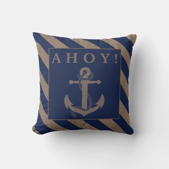 Ahoy. Nautical Anchor Navy Blue & Burlap Stripes Kussen (Voorkant)