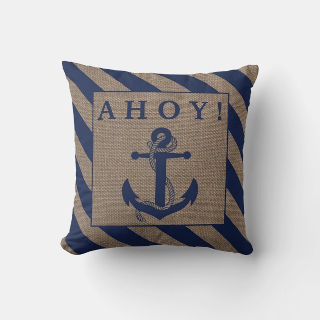 Ahoy. Nautical Anchor Navy Blue & Burlap Stripes Kussen (Voorkant)