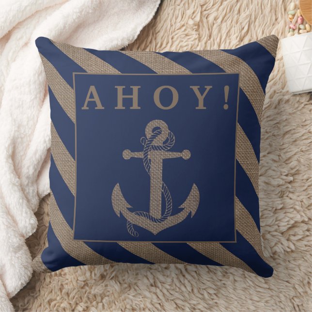 Ahoy. Nautical Anchor Navy Blue & Burlap Stripes Kussen (Deken)