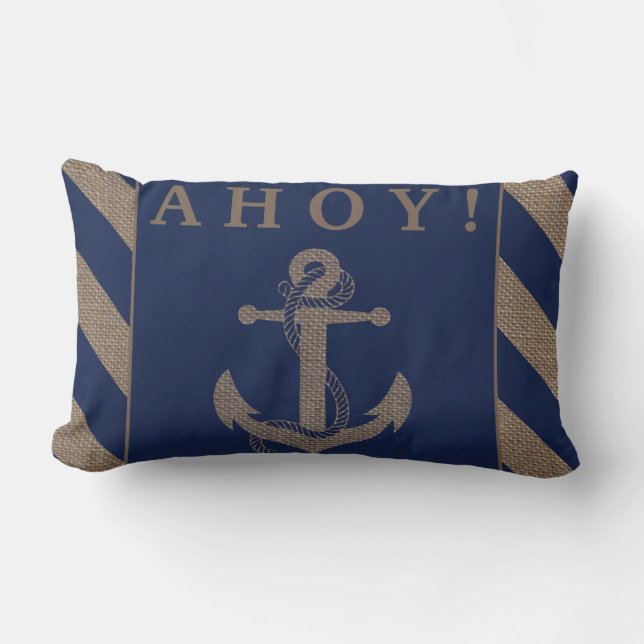 Ahoy. Nautical Anchor Navy Blue & Burlap Stripes Kussen (Voorkant)