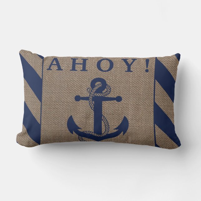 Ahoy. Nautical Anchor Navy Blue & Burlap Stripes Kussen (Voorkant)